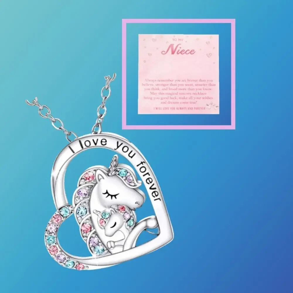 Niece Bonded Unicorn Heart Necklace “I Love You Forever” Silver Tone 16–18in